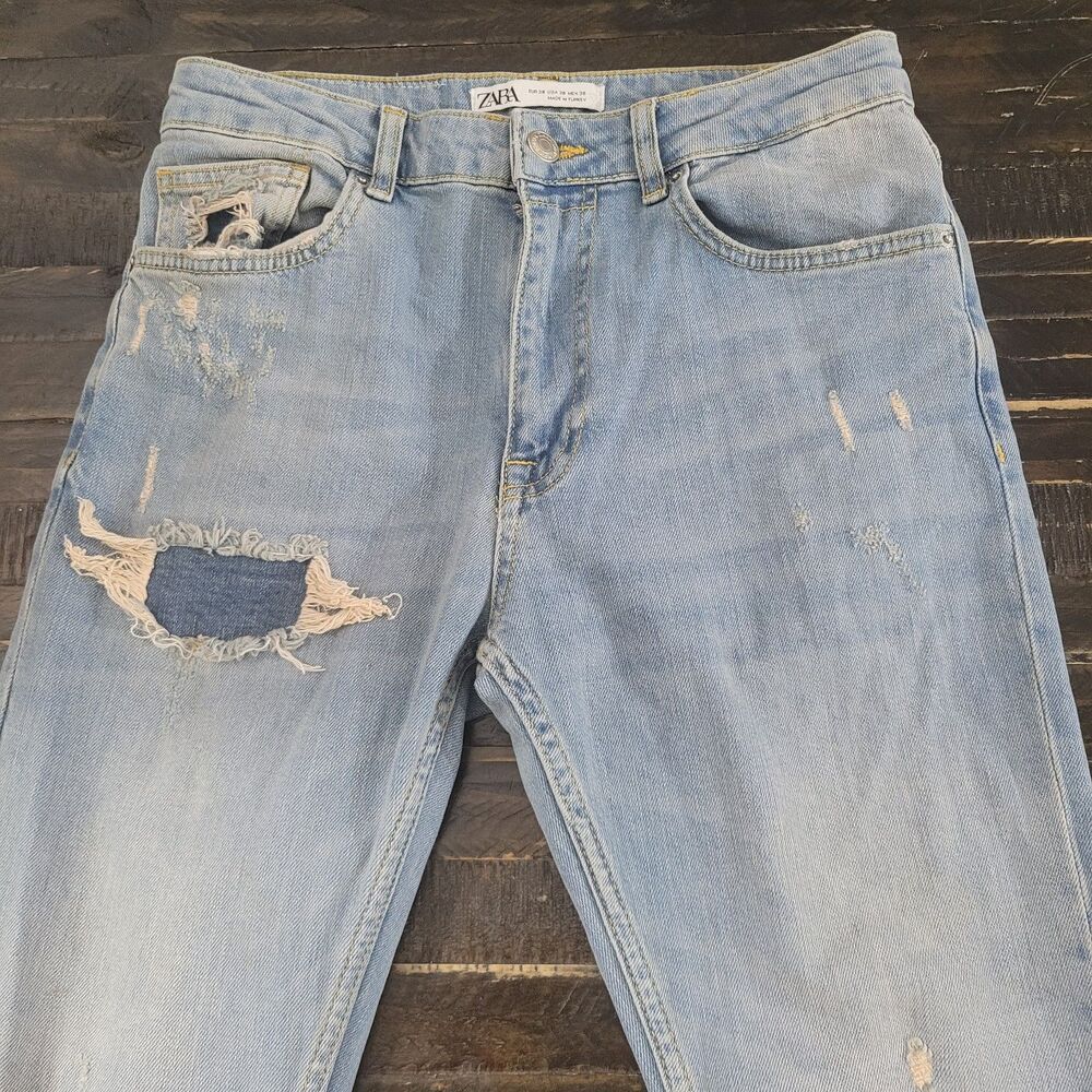 Zara Mens Skinny Jeans Size 30 Light Blue Wash Distressed Denim